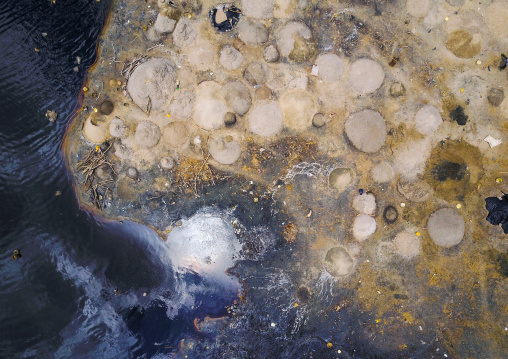 Aerial view of the volcano crater where Borana tribe men dive to collect salt, Oromia, El Sod, Ethiopia