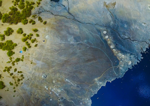 Aerial view of the volcano crater where Borana tribe men dive to collect salt, Oromia, El Sod, Ethiopia