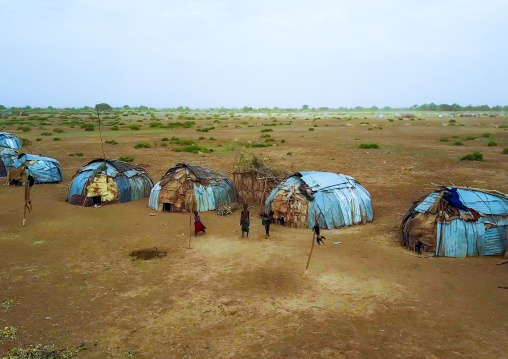 Aerial view of dimi ceremony in the Dassanech tribe to celebrate circumcision of teenagers, Omo Valley, Omorate, Ethiopia