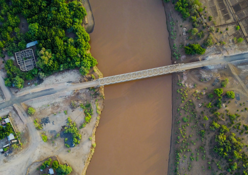 Aerial view of the metal bridge over Omo river, Omo Valley, Omorate, Ethiopia