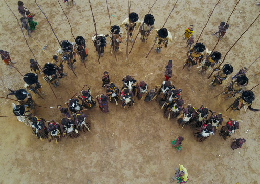 Aerial view of dimi ceremony in the Dassanech tribe to celebrate circumcision of teenagers, Omo Valley, Omorate, Ethiopia