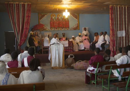 Lunch time during an Ethiopian wedding in an orthodox church, Zway, Ethiopia