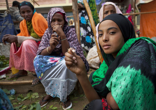 Women Selling Khat In The Giant Khat Market Near Harar, Adaway, Ethiopia