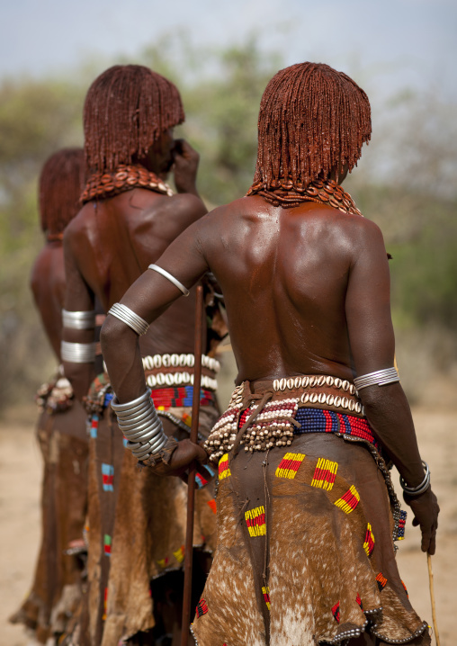 Hamer Tribe Women Celebrating Bull Jumping Ceremony, View From Back, Omo Valley, Ethiopia