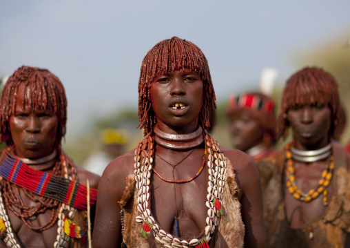 Three Hamer Tribe Women Celebrating Bull Jumping Ceremony, Omo Valley, Ethiopia