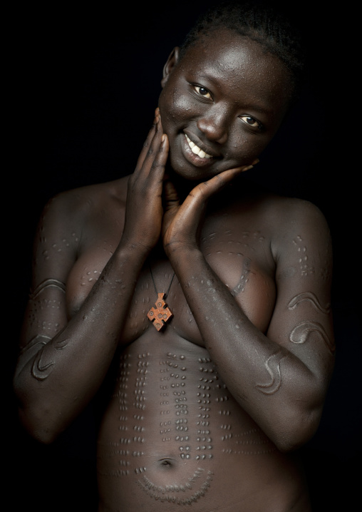 Naked Breasts Bodi Smiling Woman Portrait With Scarified Skin Omo Valley Ethiopia