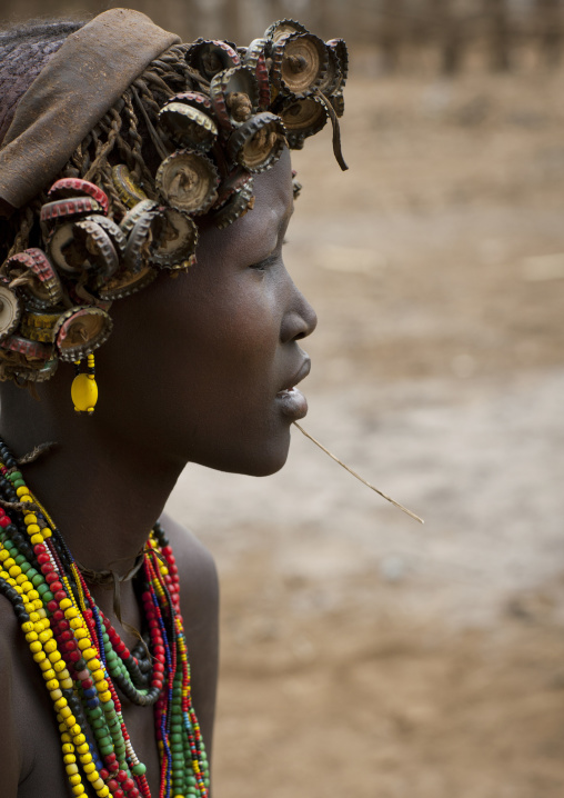 Young Smiling Dassanech Woman Wearing Bottle Caps Headdress Omo Valley Ethiopia