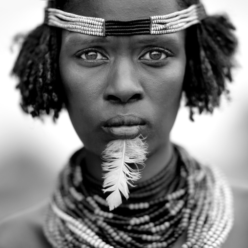 Dassanech Woman Portrait With Beaded Necklaces And Feather Omo Valley Ethiopia