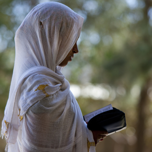 Profile portrait of an orthodox woman praying with a bible in church, Harar, Ethiopia