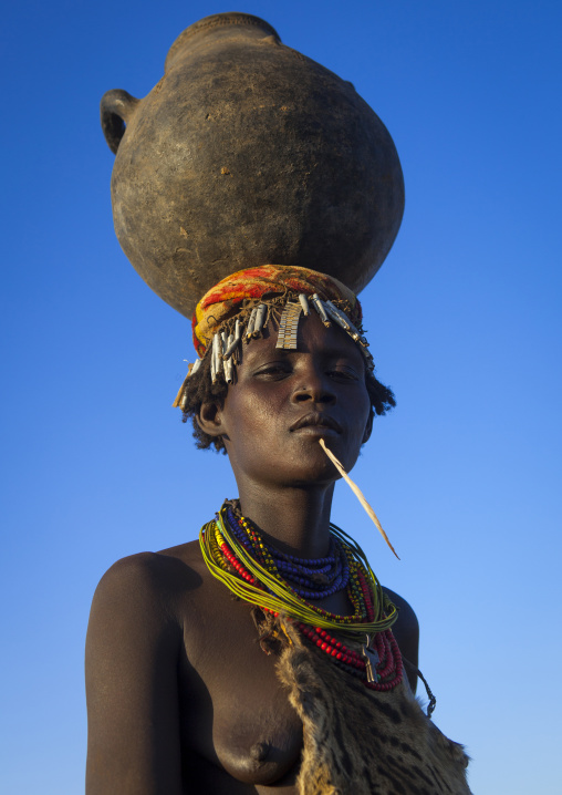 Dassanech Tribe Woman With A Calabash On Her Head, Omorate, Omo Valley, Ethiopia