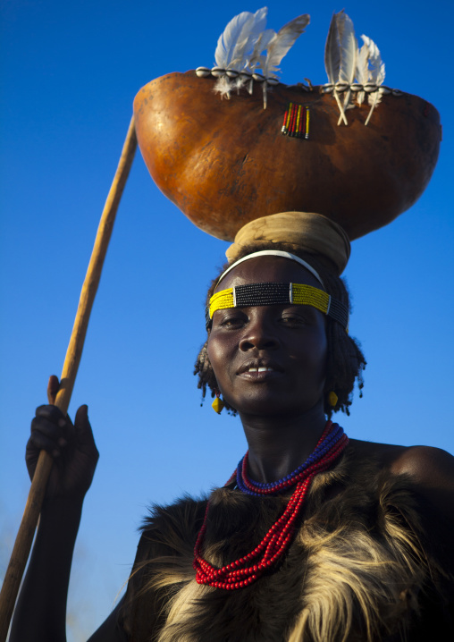 Dassanech Tribe Woman With A Calabash On Her Head, Omorate, Omo Valley, Ethiopia