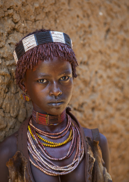 Hamer Tribe Girl In Traditional Outfit, Turmi, Omo Valley, Ethiopia