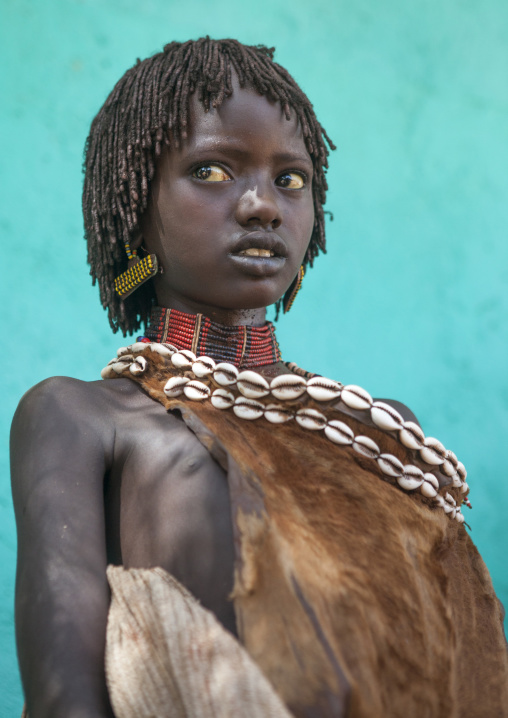 Litte Hamer Girl Tribe In Traditional Outfit, Turmi, Omo Valley, Ethiopia