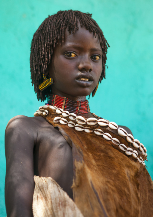 Litte Hamer Girl Tribe In Traditional Outfit, Turmi, Omo Valley, Ethiopia