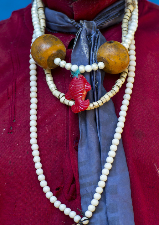 Man From Anuak Tribe In Traditional Clothing Wearing An Amber Necklace, Gambela, Ethiopia