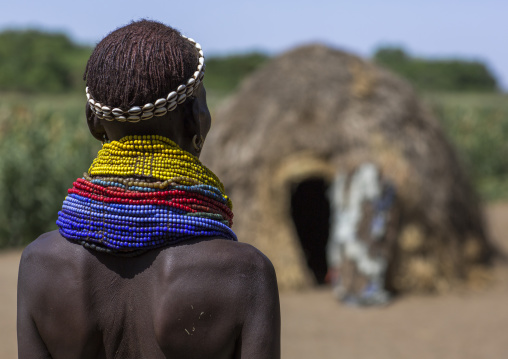 Portrait Of A Nyangatom Tribe Woman With Huge And Colourful Necklaces, Omo Valley, Kangate, Ethiopia