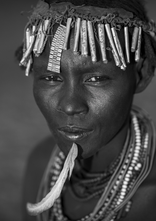 Dassanech Tribe Woman With A Feather In The Chin, Omorate, Omo Valley, Ethiopia