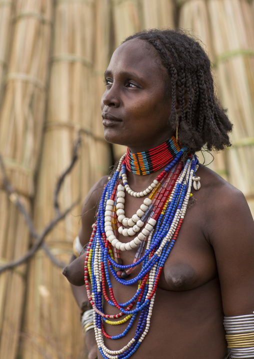 Portrait Of Beautiful Erbore Tribe Woman Wearing Beaded Necklace,  Omo Valley, Ethiopia