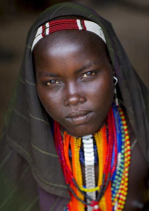 Portrait Of Beautiful Erbore Tribe Woman Wearing Beaded Necklace,  Omo Valley, Ethiopia