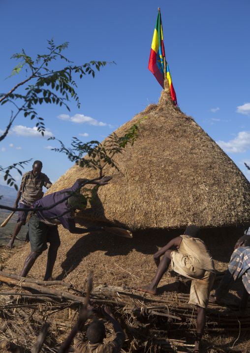 Konso Tribe Men Building A Mora, The Common House, Konso Village, Omo Valley, Ethiopia