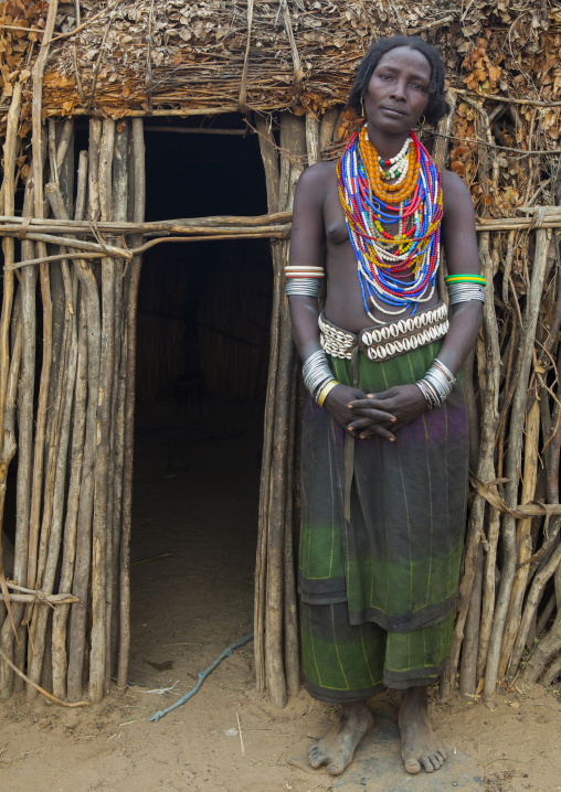 Portrait Of Beautiful Erbore Tribe Woman Wearing Beaded Necklace,  Omo Valley, Ethiopia