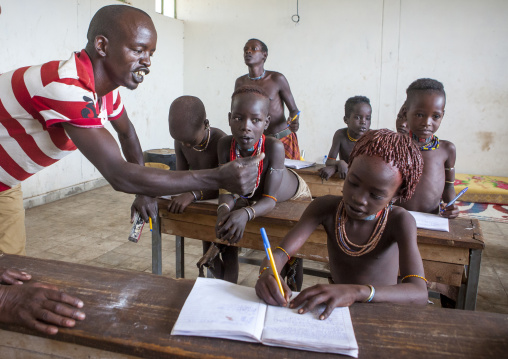 Hamer Tribe Kids With The Teacher In A School, Turmi, Omo Valley, Ethiopia