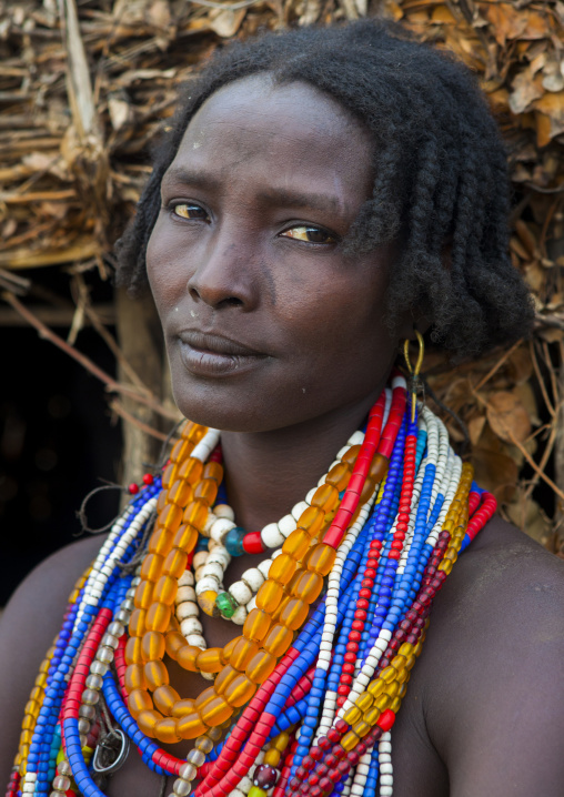 Portrait Of Beautiful Erbore Tribe Woman Wearing Beaded Necklace,  Omo Valley, Ethiopia