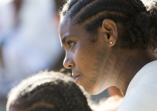 Orthodox Pilgrim With Tatoo On Her Face At Timkat Festival, Lalibela, Ethiopia