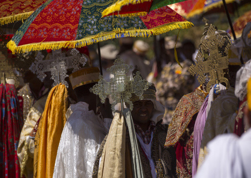 Ethiopian Orthodox Priests Holding Sacred Crosses During The Colorful Timkat Epiphany Festival, Lalibela, Ethiopia