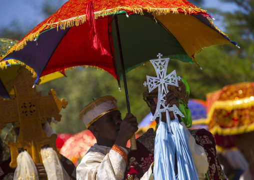 Ethiopian Orthodox Priests Holding Sacred Crosses During The Colorful Timkat Epiphany Festival, Lalibela, Ethiopia