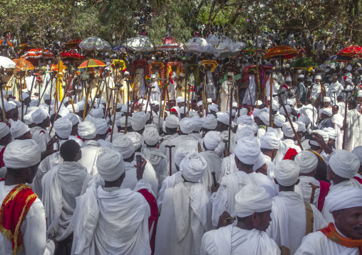 Priests Carrying Some Covered Tabots On Their Heads During Timkat Epiphany Festival, Lalibela, Ethiopia