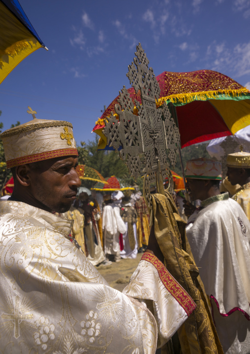 Ethiopian Orthodox Priest Holding A Cross During The Colorful Timkat Epiphany Festival, Lalibela, Ethiopia