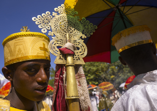 Ethiopian Orthodox Priest Holding A Cross During The Colorful Timkat Epiphany Festival, Lalibela, Ethiopia