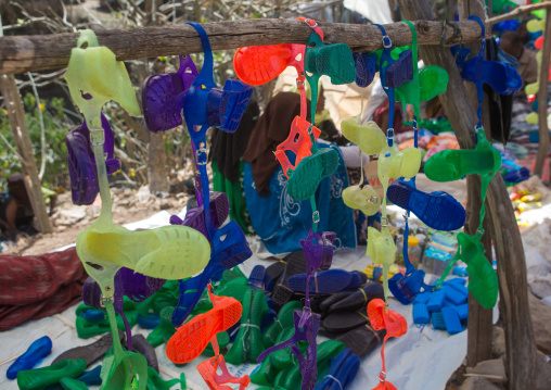 Jelly shoe shop in a market, Oromo, Sambate, Ethiopia