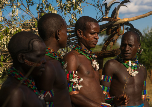 Hamer tribe whippers during a bull jumping ceremony, Omo valley, Turmi, Ethiopia