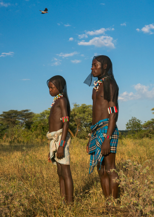 Hamer tribe whippers during a bull jumping ceremony, Omo valley, Turmi, Ethiopia