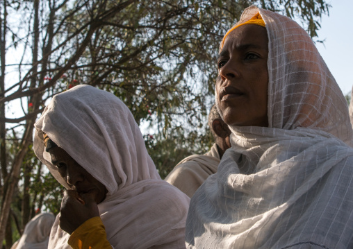 Pilgrims praying during kidane mehret orthodox celebration, Amhara region, Lalibela, Ethiopia