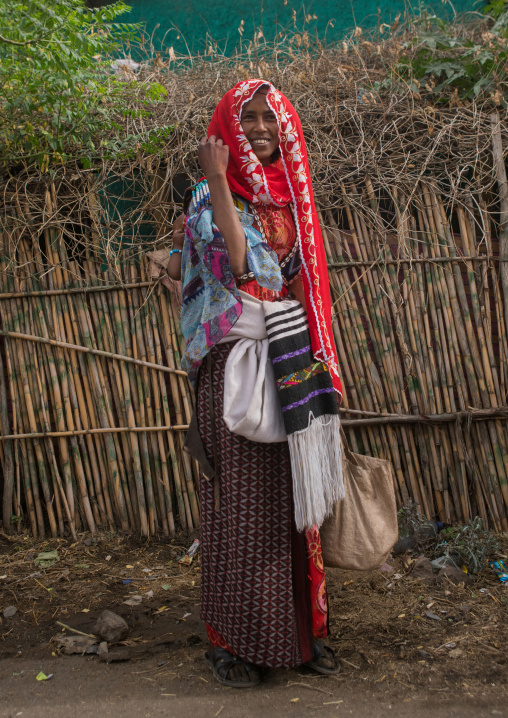 Raya tribe woman with a beaded baby carrier, Semien wollo zone, Woldia, Ethiopia