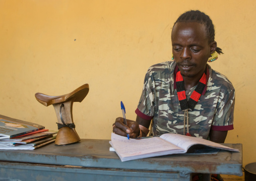 Hamer tribe boy in classroom, Omo valley, Turmi, Ethiopia