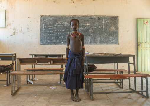 Hamer tribe girl in classroom, Omo valley, Turmi, Ethiopia