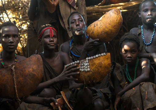 Circumcised boys from the dassanech tribe staying together until they are healed, Omo valley, Omorate, Ethiopia