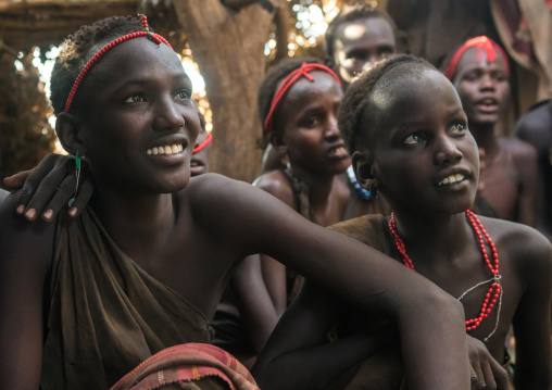 Circumcised boys from the dassanech tribe staying together until they are healed, Omo valley, Omorate, Ethiopia