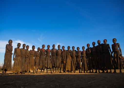 Circumcised boys from the dassanech tribe staying together until they are healed, Omo valley, Omorate, Ethiopia