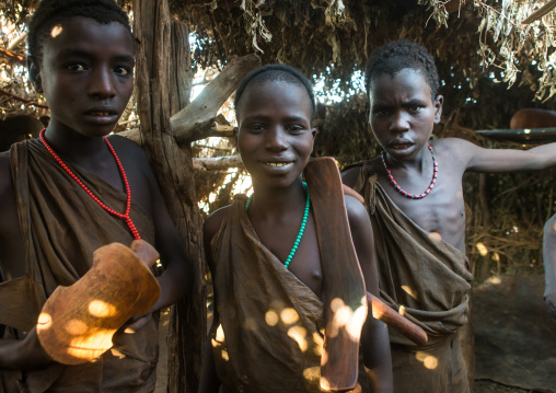 Circumcised boys from the dassanech tribe staying together until they are healed, Omo valley, Omorate, Ethiopia