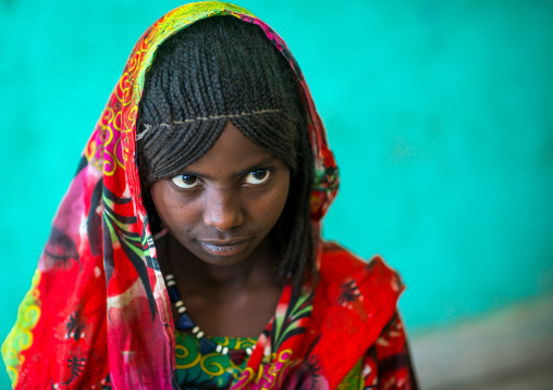 Portrait of an afar tribe girl with braided hair, Afar region, Semera, Ethiopia