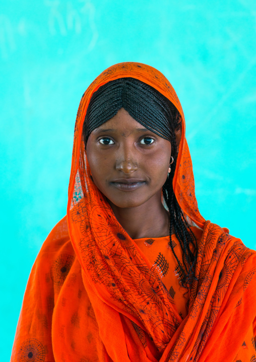 Portrait of an afar tribe girl with braided hair, Afar region, Semera, Ethiopia