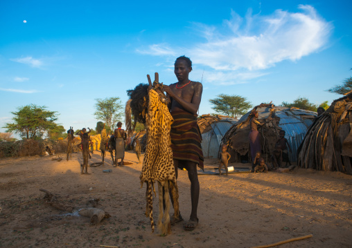 Dassanech man dressing with a leopard skin for dimi ceremony to celebrate circumcision of the teenagers, Omo valley, Omorate, Ethiopia