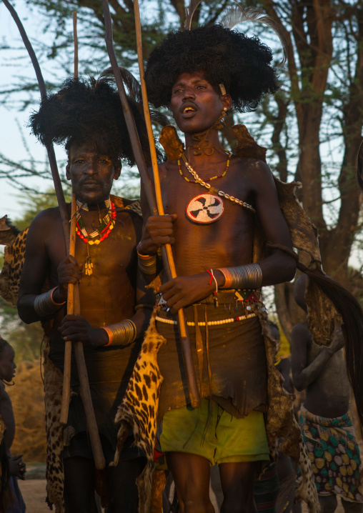 Dassanech men with leopard skins and ostrich feathers headwears during dimi ceremony to celebrate circumcision of teenagers, Omo valley, Omorate, Ethiopia