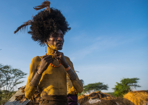 Dassanech man with leopard skin and ostrich feathers headwear during dimi ceremony to celebrate circumcision of teenagers, Omo valley, Omorate, Ethiopia