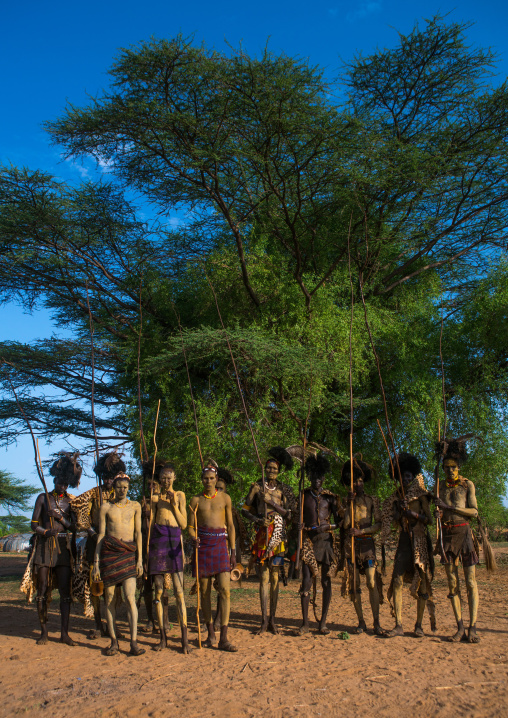 Dassanech men with leopard skins and ostrich feathers headwears during dimi ceremony to celebrate circumcision of teenagers, Omo valley, Omorate, Ethiopia